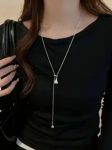 Korean Style Silver Color Water Drop Fringe Necklace for Women, Versatile High-End Layered Titanium Steel Choker Accessory