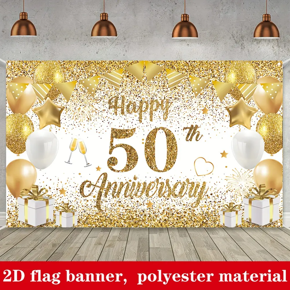 Golden 50th Anniversary Polyester Backdrop 2D Flat Banner for Wedding Party Home Yard Decor White