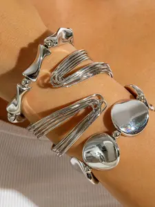 Women's Geometric Design Alloy Bracelet Set, Casual Style Silver Color Jewelry for Daily Wear & Special Occasions