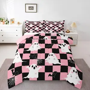 Black Pink Halloween Comforter Set,Kawaii Bowknot Ghost Bedding Set,Gothic Spider Web Bat Comforter,Kids Boys Girls,Halloween Plaid Quilt