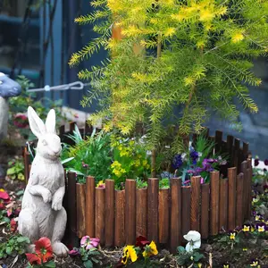 Davyline Wooden Staggered Short Fence - 8 in. H. x 3.7 ft. L. Burnt Wood Finish Outdoor Landscape Edging Flexible Decorative Border - Garden Yard Flower Bed Tree Fence - Stakes 4 in. Height