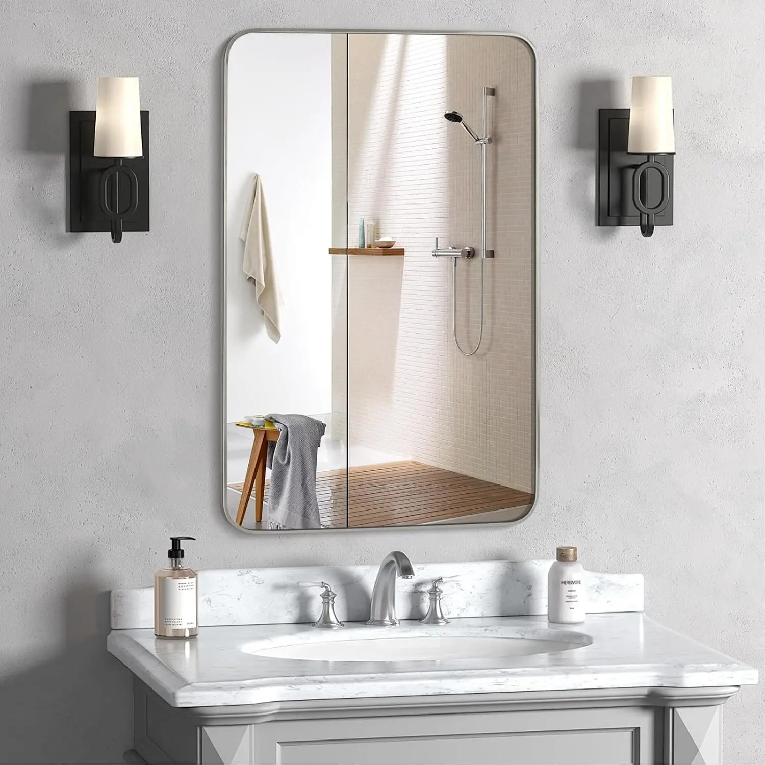 Bathroom Mirror Brushed Nickel, 24 x 36 Inch Metal Frame Rectangle Mirror Rounded  Modern Vanity Mirror Anti-Rust for Bathroom, Farmhouse Wall Mounted Vertically/Horizontally