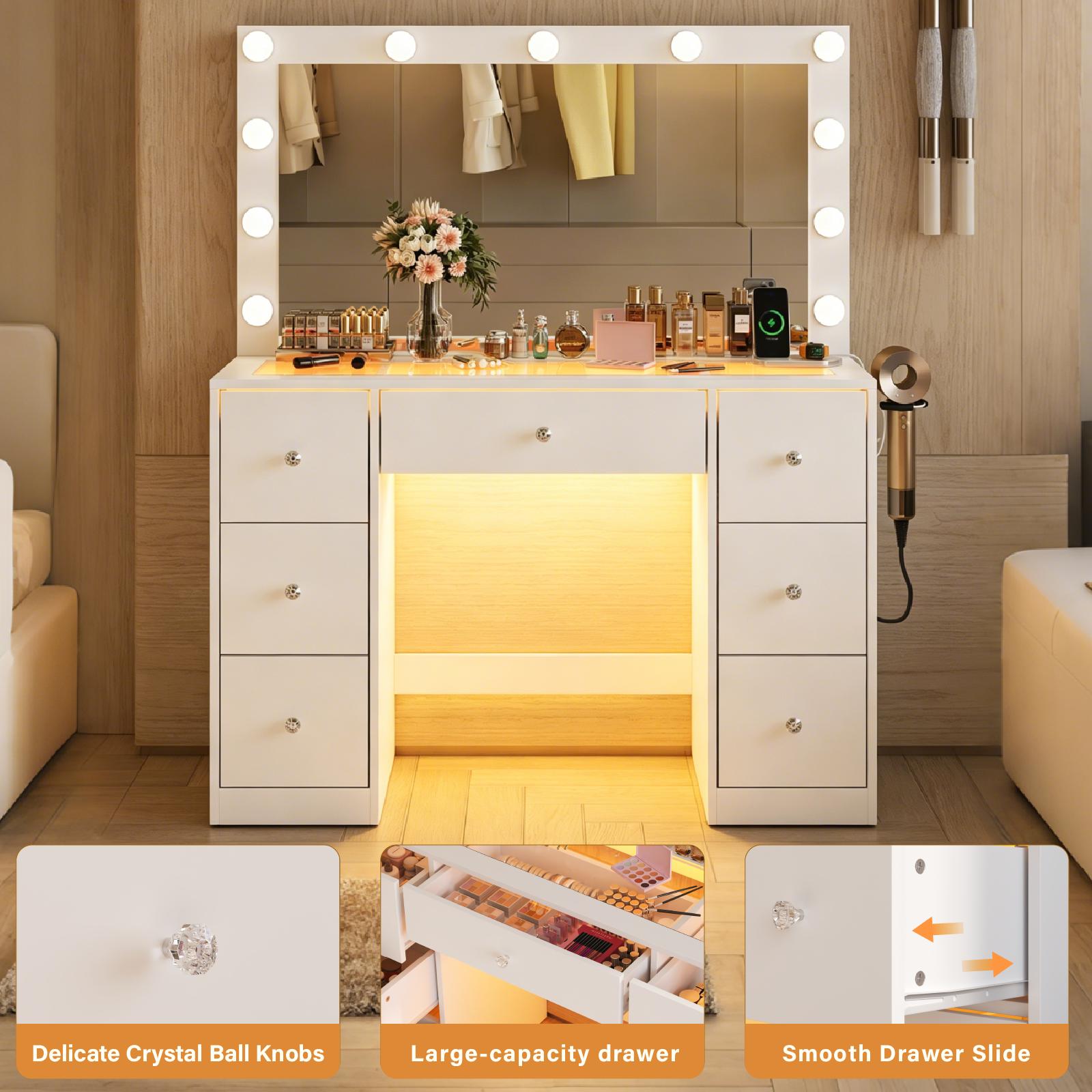 Vanity with Power Outlet and 11 Lights, Mirrored Dressing Table with 7 Drawers, Suitable for Bedrooms and Dressing Rooms, White Finish Makeup Dresser Makeup Storage Desk