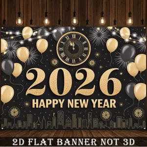 2D Flat Banner,1pc 2026 New Year's Eve Numbered 2026 Balloon Style Banner Wallpaper like Background Cloth Golden Black Large Polyester Fabric for 2026 Party Decoration