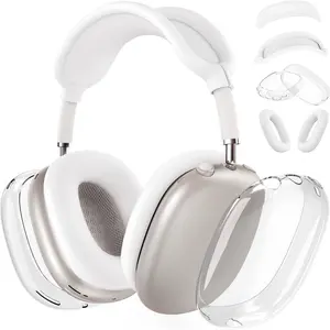 X-SBB02   Silicone Case Cover for AirPods Max Headphones,Clear Soft TPU Ear Cups Cover/Ear Pad Case Cover/Headband Cover Transparent Accessories for Apple AirPods Max (2024/2020)(USB-C/Lightning),White [4 in 1]