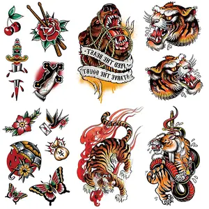 6 Classic Color Temporary Tattoos Set, Jerry Style Fake Tattoos, American Traditional Flower Butterfly Arm Patches for Adults