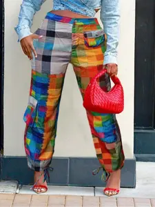 Women's Plaid Print Drawstring Pants, Casual Loose Vibe Pocket Trousers for Daily Wear, Ladies Bottoms for All Seasons, Pants for Women, Womenswear