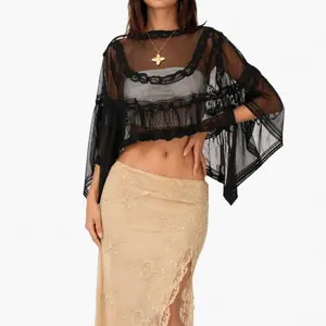 Women Poncho Tank Top Mesh Sheer Shawl Sleeve Blouse Cover Up Wedding Party Lace Crop Ruched Comfy Eyelet Delicate Breathable Soft Comfort Lightweight Flowy Trendy Chic Y2k Cute Elegant