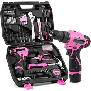 147 Piece Pink Power Drill Drivers Tool Set with 12V Cordless Drill, Professional Household Home Tools Kit Set, DIY Pink Electric Drill Cordless Hand Tool Box  Women