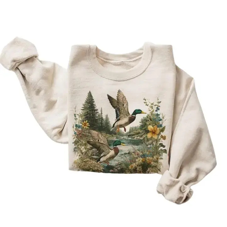 Vintage Boho Sweatshirt for Women, Mallard Duck Floral Graphic, Round Neck Long Sleeve Bird Watcher Tops