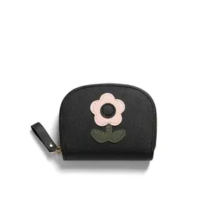 Mini Card Wallet for Women Cute Accordion Credit Card Holder with Key Ring Small Purse for ID Coin Black Floral Design Compact Functional