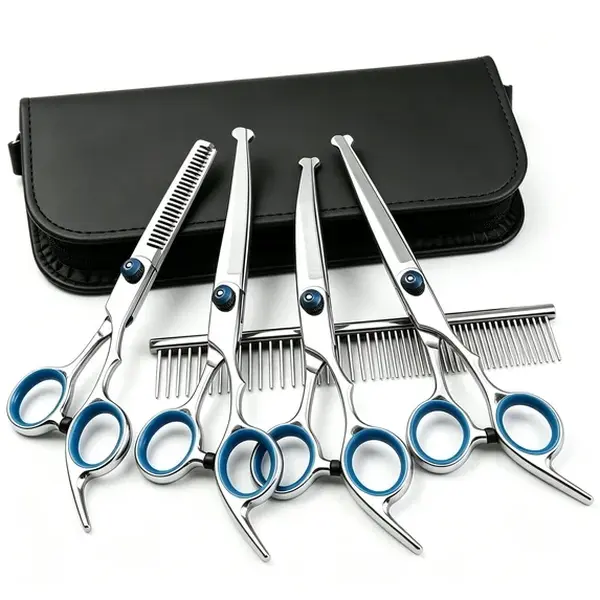 Salon-Quality 5-in-1 Pet Grooming Scissors Multi Pack, Stainless Steel Universal Kit with Safety Round Tips, Sharp Tools, 4-Piece Set (Curved Shears, Thinning Shears, Durable Comb), Ergonomic for Dogs & Cats Hair Cutting