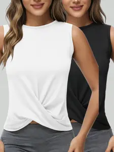 Women's Sleeveless Twist Knot Short Top, Round Neck Slim Fit Casual Sports Tee, Breathable Quick Dry Backless Vest, 2 Piece Set
