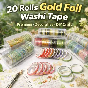 1Pc 20 Rolls Gold Foil Washi Tape Set Vintage Aesthetic Decorative Masking Tape Premium Shiny DIY Craft Supplies for Scrapbook Journal Planner Bullet Journal Collage Art Projects Gift Wrapping Spring Summer Gift Set Cute Stationery Kit