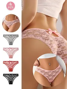 HOTCOM Women's 4-Pack Lingerie Thongs, Sexy String Erotic Underwear, Large Sizes, Brazilian Transparent Lace Briefs, Breathable Underpants