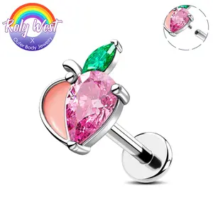 Oufer X Roly Peach Top With Half Pink CZ Cartilage Labret Stud-16G