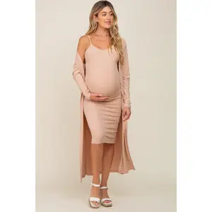 Beige Ribbed Cardigan 2 Piece Maternity Set