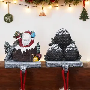 Stocking Holders for Mantle -  Christmas Stocking Holder Heavy Duty Cast Iron Garland Hangers for Mantel with Non-Slip Base | Xmas Decor, Sturdy Fireplaces Hook (Pine Cone and Santa)