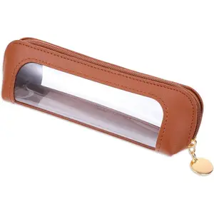 Small Clear Makeup Pouch, PU Leather Makeup Brush Bag Portable Travel Mini  Bag Transparent  Organizer Pouch with Zipper for Women  Travel Office  Storage (Brown)