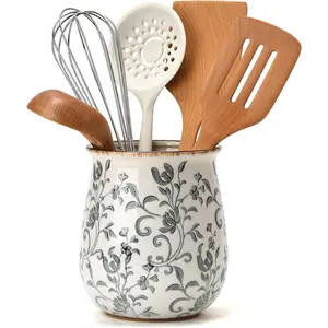 Modern Farmhouse Ceramic Utensil Holder Crock for Kitchen Counter, Utensil Organizer for Spatula, Ladle, Eggbeater, Rolling Pin, Home Kitchen Decor Gray Flower Patterns