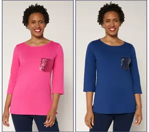 Quacker Factory Set of 2 Sequin Pocket 3/4 Sleeve Tops