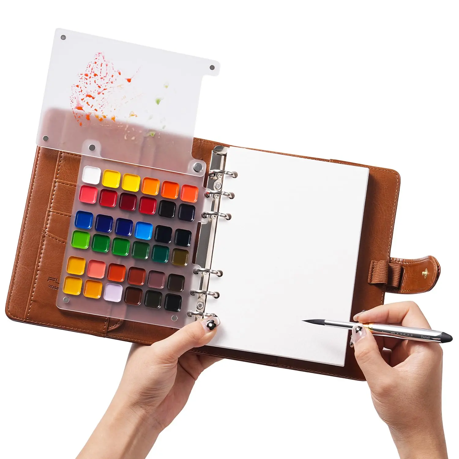 Fuumuui Watercolor Travel Sketchbook Set - Dual-Tip Brush Paints, Durable Vegan PU Leather Cover, 20 Sheets 100% Cotton Cold-Pressed 140lb Acid-Free Paper (4.9x6.9in), Ethically Sourced Eco-Conscious Art Supplies for Wet and Dry Media Artists