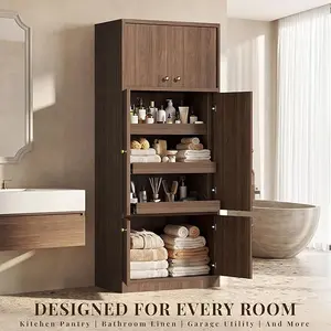 OMCHOM 71 Inch Tall Kitchen Pantry Cabinet with Pull Out Drawers, Modular Concealed Storage Hutch, Expandable Wall System, Heavy Duty Thickened Panels, Freestanding Kitchen Organizer,Walnut – Easy to Assemble, Built to Last