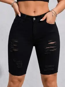 Women's Ripped Button Fit Denim Shorts, Casual Pocket Pocket Denim Shorts for Summer, Fashion Women's Bottoms for Daily Wear