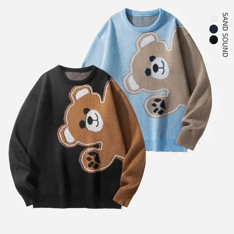 Unisex Cute Bear Jacquard Knit Sweater 2026 Trendy Oversized Loose Fit Crewneck Long Sleeve Soft Cozy Colorblock Fall Winter Casual Streetwear Pullover,SohoChic