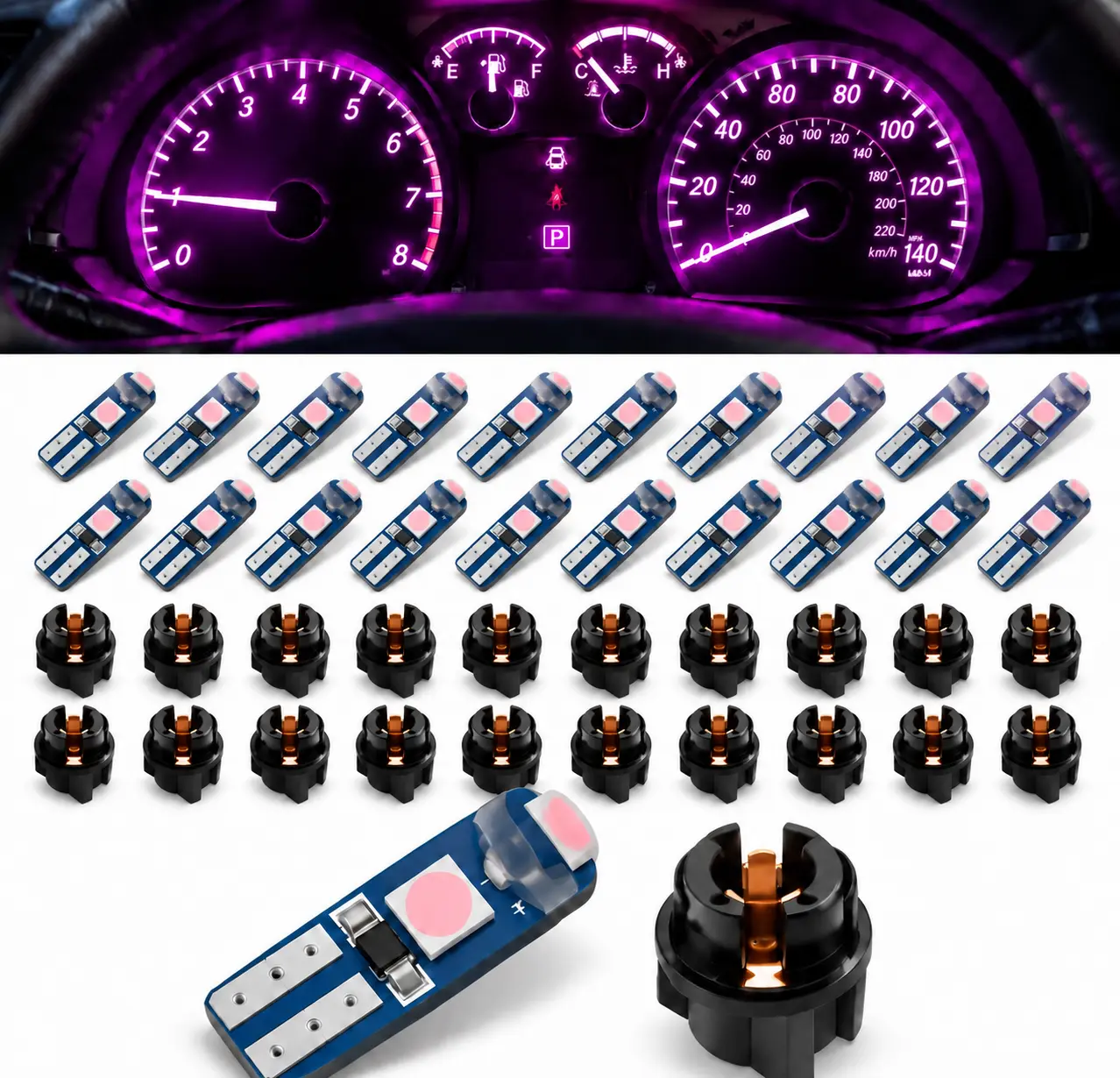 T5 Type LED Dashboard Bulbs with PC74 Socket - 3030 SMD Auto Accessories, 12V Operation Instrument Cluster Gauge Lights, Vehicle Accessory Replacement for Car Dashboard/Climate Control Panel, 20 or 40-Piece Set for Cars/Trucks