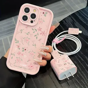 Floral iPhone Case Set with Charger and Cable Protectors, 5-Piece Mobile Accessories for iPhone 11 to 16 Series