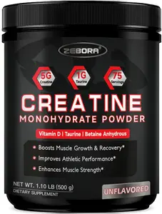 ZEBORA Micronized Creatine Monohydrate Powder, Creatine Monohydrate for Women-Men, Helps Muscle Recovery, Enhances Muscle Size & Strength with 5G Creatine and 1G Taurine