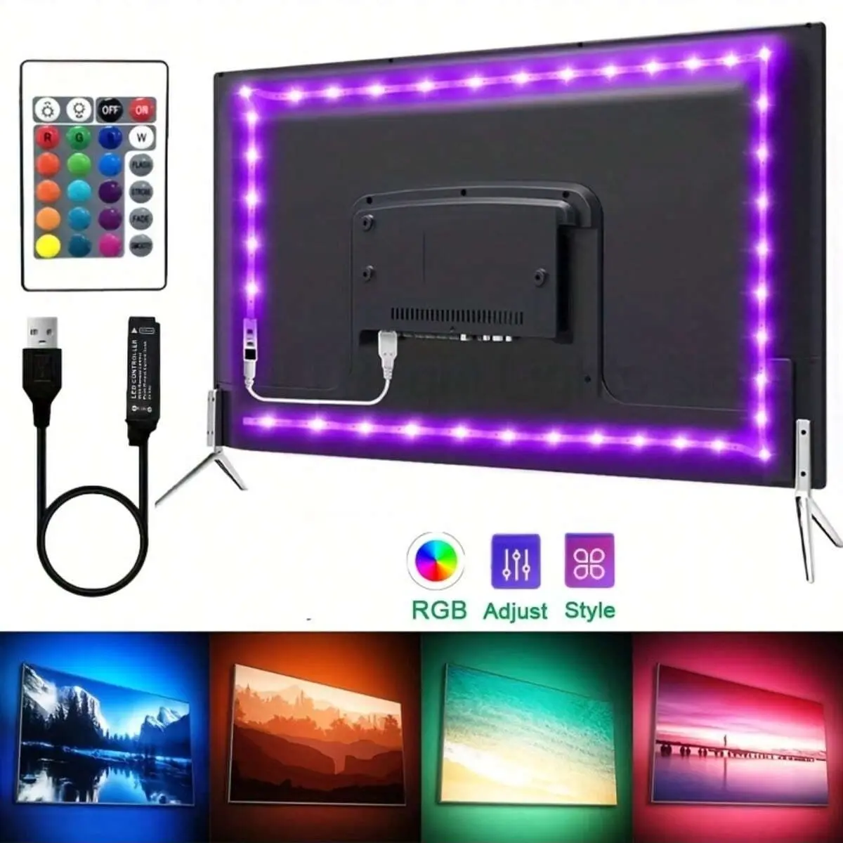 1 Set Flexible Color LED Strip Light, 24 Key Remote Control 5V USB Power Supply Back Adhesive Edge Lights, Led Light Strips With Remote, Easy to install, Computer, TV, Cabinet Backlight Decoration, Atmosphere Lighting