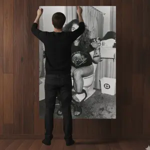 Retro Rock Bathroom Chaos Poster, Funny Vintage Music Lover Wall Art, Black-and-White Wild Moment Print for Man Cave or Game Room