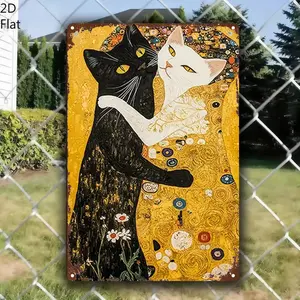 1pc Vintage Black & White Cat Metal Wall Sign – 8x12 Inch Retro Iron Plaque with Golden Floral Background, Pre-Drilled for Easy Hanging, Indoor/Outdoor Decor for Home, Café, Game Room, or Office