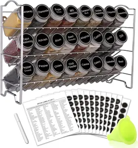 SWOMMOLY Spice Rack Organizer with 24 Empty Glass Spice Jars, 396 Spice Labels with Chalk Marker and Funnel Complete Set, for Countertop, Cabinet or Wall Mount, Silver