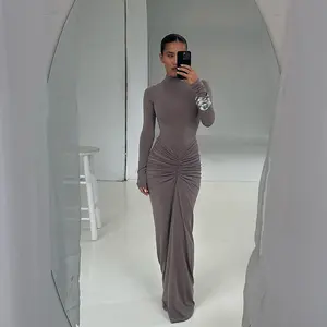 Womens Sexy Dress Maxi Dress Long Sleeve Ruched Bodycon Turtleneck Club Party Dress Long Casual Wedding Dresses