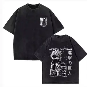 Attack on Titan Vintage Washed Print T-shirt Mikasa Ackerman Eren Jaeger Wings of Freedom Mens High Quality Cotton T-shirts2