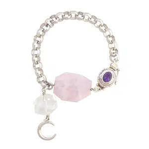Pink Kunzite and Silver Moon Bracelet with Clear Quartz and Rhodium Plated Metal Chain