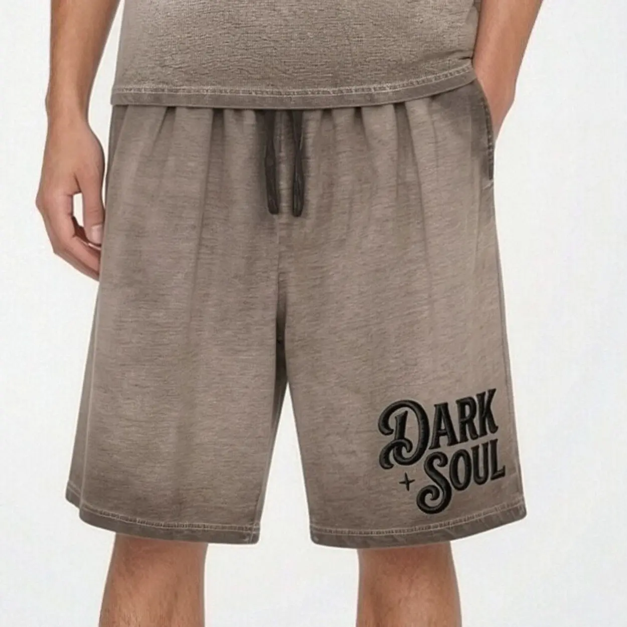 Retro Acid Wash Dark Soul Gothic Print Men Elastic Drawstring Loose Knee Shorts Casual Street Summer Jogger Shorts