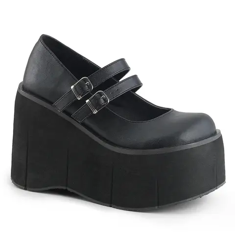 Demonia Women's Kera-08 Wedge Sandals - Black Vegan Leather, Round Toe, Platform Mary Janes, Double Strap, 4 1/2" Heel, Office-Night Ready, All Seasons Shoes for Women