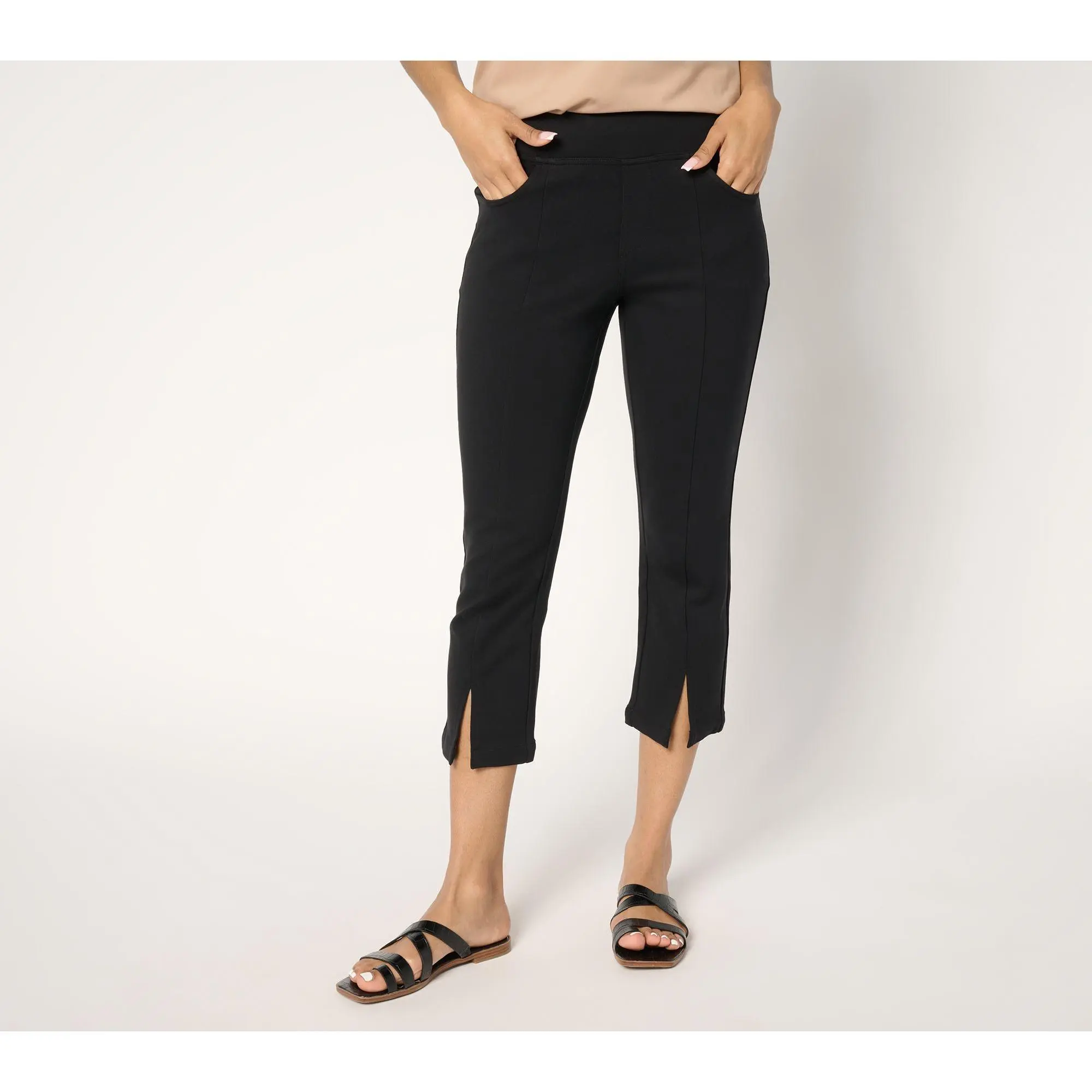 QVC Belle by Kim Gravel Petite Ponte Seamed, Slit-Accented Polished Cropped Women's Pants