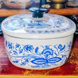 Vintage French Bohemian Style Enameled Pot Blue & White Casserole Dish Decor for Cookware