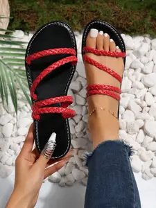 Spring Summer Silver Color Woven Sandals Women, Flat Sole Outdoor Slip-On Slides, Pair with Jeans/dressy