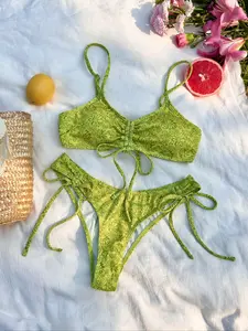 New Small Stripe Printed Soft Padding Thin Strap Pure Color Front Drawstring Cute Contrast Bikini Set, floral print bikinis, Summer Beach Fashion Women's Swimsuit