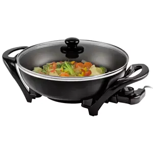 NEW 13.2" Electric Wok Nonstick Skillet with Glass Lid – Family Size, Black OVENTE
