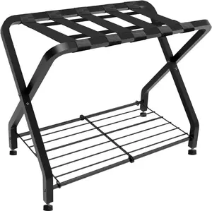 Folding Luggage Rack with 2-Tiers Storage Shelf, Foldable Steel Frame Luggage Or