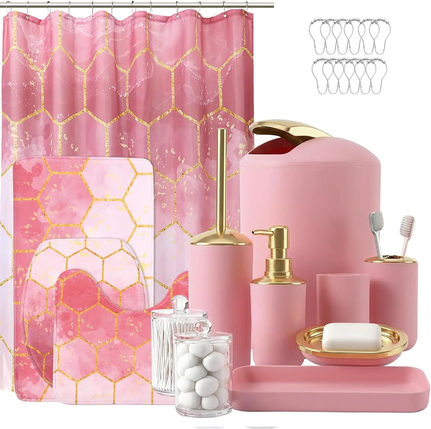 25 Pcs Pink Accessories Set with Shower, Rugs &| Complete  Decor Includes Soap Dispenser, Toothbrush Holder, Brush, Qtip Holder, Tray &