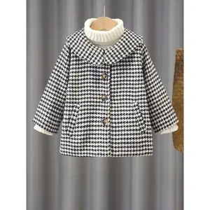 ' Houndstooth Coat - Long Winter Jacket with Double-Breasted Lapels & Houndstooth Plaid (Black/White/Beige) - Slim-Fit Outerwear, Parties, Casual Outfits - Warm & Stylish Fall/Winter Coat