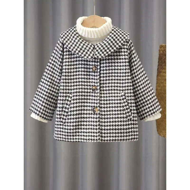 ' Houndstooth Coat - Long Winter Jacket with Double-Breasted Lapels & Houndstooth Plaid (Black/White/Beige) - Slim-Fit Outerwear, Parties, Casual Outfits - Warm & Stylish Fall/Winter Coat